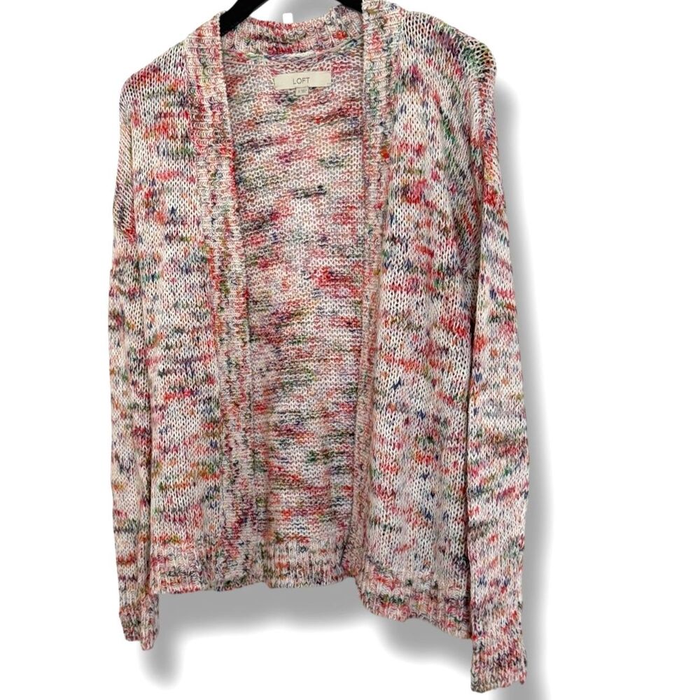 LOFT Cotton Blend Women’s Multicolor Speckled Knit Open Cardigan Sweater Small
